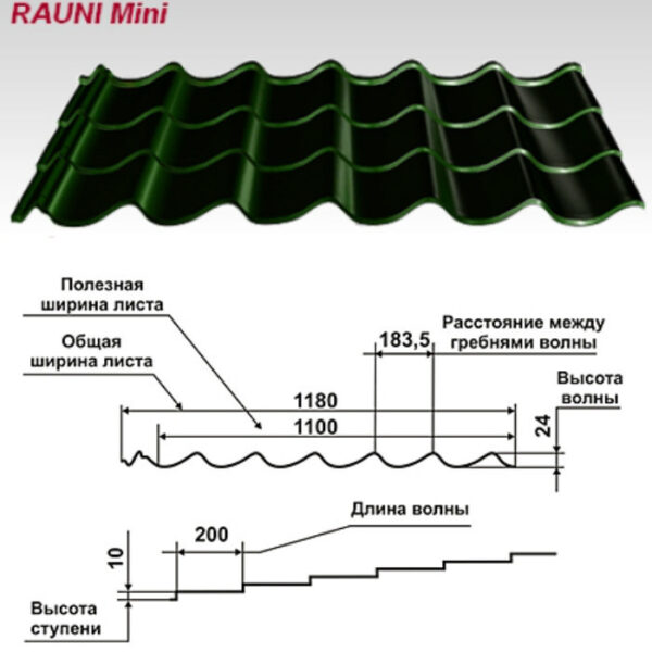 Металлочерепица Мегасити "Рауни мини" металл толщиной* 0,45 мм Корея,6020 матовая Зелёная.