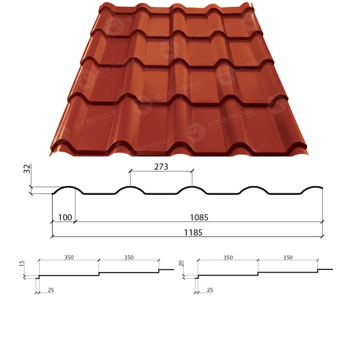 Металлочерепица AFINA 0,45 мм PEMA RAL 3011 Optima Steel