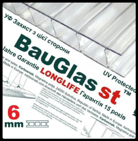 Сотовый поликарбонат 6 мм BauGlas ST Longlife 1UV прозрачный Стандарт (Сербия)