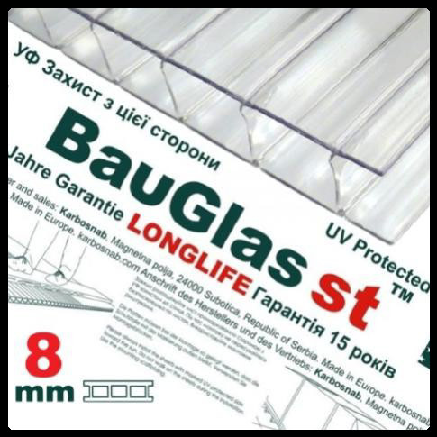 Сотовый поликарбонат 8 мм BauGlas ST Longlife 1UV прозрачный Стандарт (Сербия)