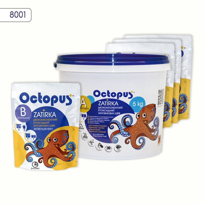 Двухкомпонентная эпоксидная затирка фуга для плитки и мозаики ТМ "OCTOPUS", цвет белый 5 кг. 1 Двухкомпонентная эпоксидная затирка фуга для плитки и мозаики ТМ "OCTOPUS", цвет белый 5 кг.