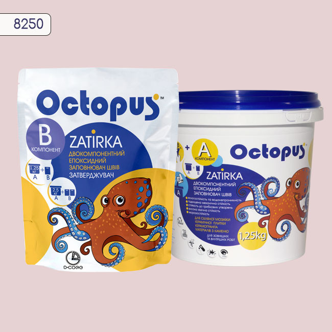 Двухкомпонентная эпоксидная затирка фуга для плитки и мозаики ТМ "OCTOPUS", цвет 8250 1,25 кг 1 Двухкомпонентная эпоксидная затирка фуга для плитки и мозаики ТМ "OCTOPUS", цвет 8250 1,25 кг