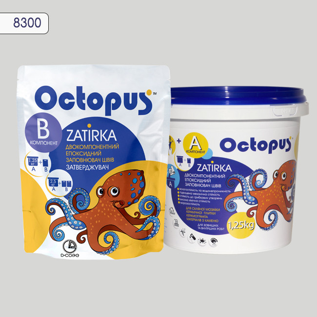 Двухкомпонентная эпоксидная затирка фуга для плитки и мозаики ТМ "OCTOPUS", цвет 8300 1,25 кг 1 Двухкомпонентная эпоксидная затирка фуга для плитки и мозаики ТМ "OCTOPUS", цвет 8300 1,25 кг